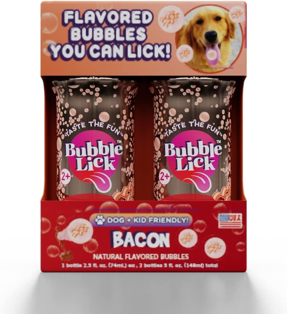 BubbleLick Maple Bacon (2.5 Fl Oz, Pack of 2), Natural Flavor, Edible Bubbles for Dogs & Kids - Premium Natural Flavored Bubble Solution, Great for Bubble Machine, Toys, and Refillable Bubble Solution