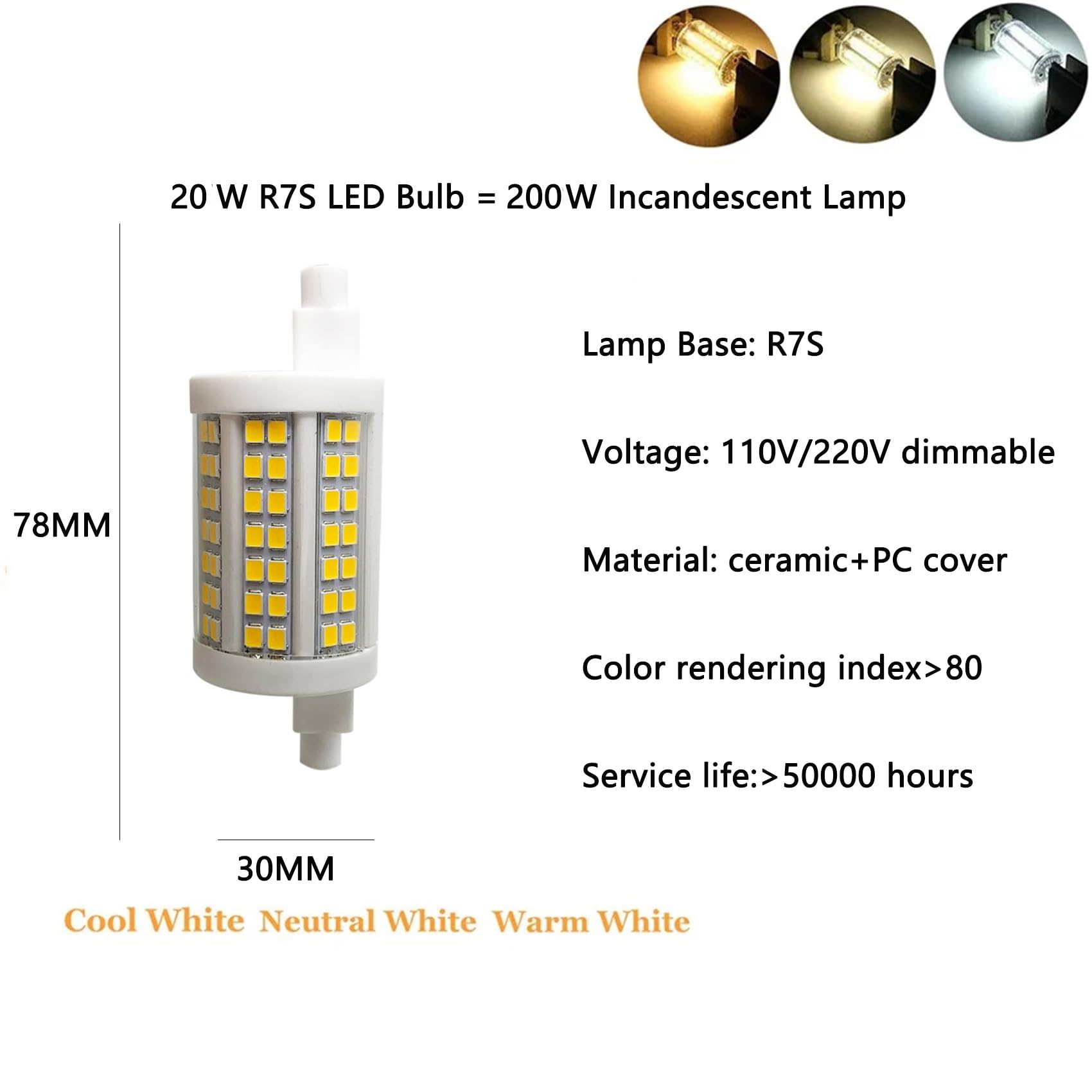 Żarówka LED R7s 78mm 20W ściemnialna Żarówki R7S 200W Żarówka halogenowa zamienna Dwustronna podstawa R7s LED do lamp roboczych, lamp ogrodowych, 2 sztuki,Cool white 6000k,20W 220V