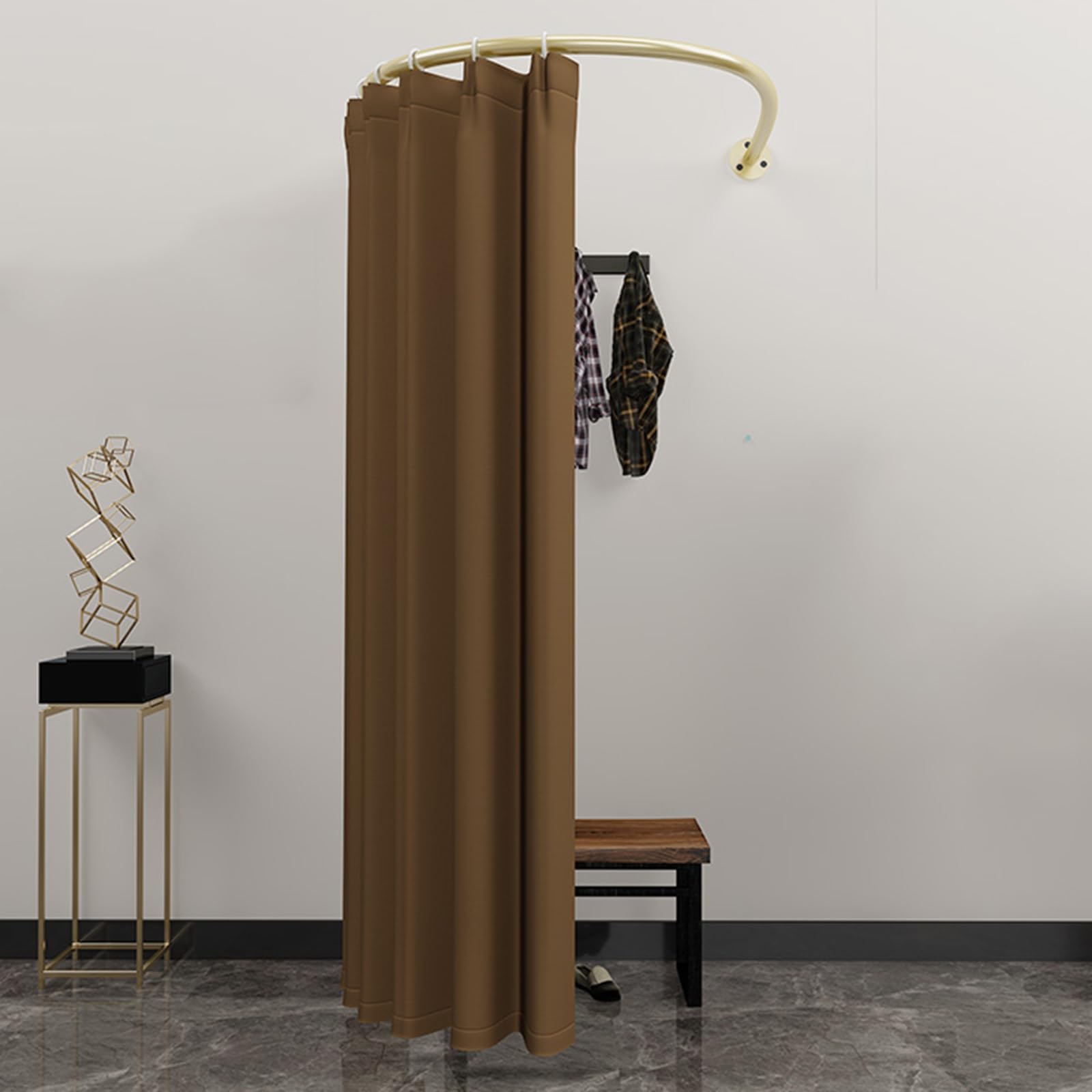 Gold Changing Room Curved Fitting Curtain Rods, U-Shap Portable Dressing Room with Shading Curtain for Retail Clothing Store, Privacy Wall Mounted Partition ( Color : Gold Rod+C Curtain , Size : 90cm/