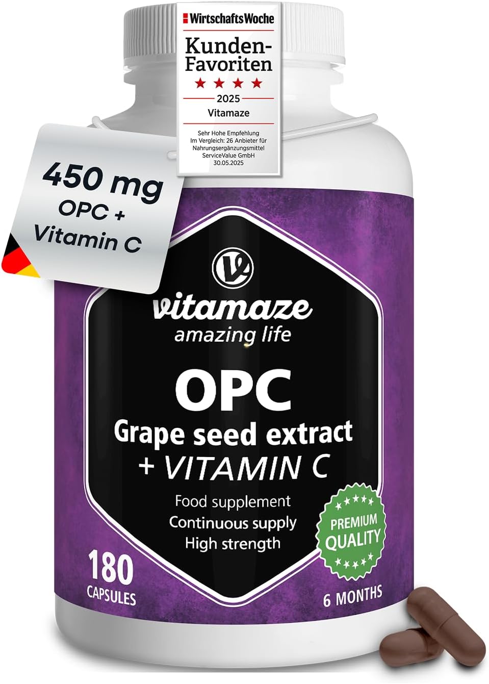 Grape Seed Extract Capsules 450mg Certified OPC +100 mg Vitamin C Antioxidant- 6 Months Supply 180 Capsules - Supplement Without Additives, Made in Germany
