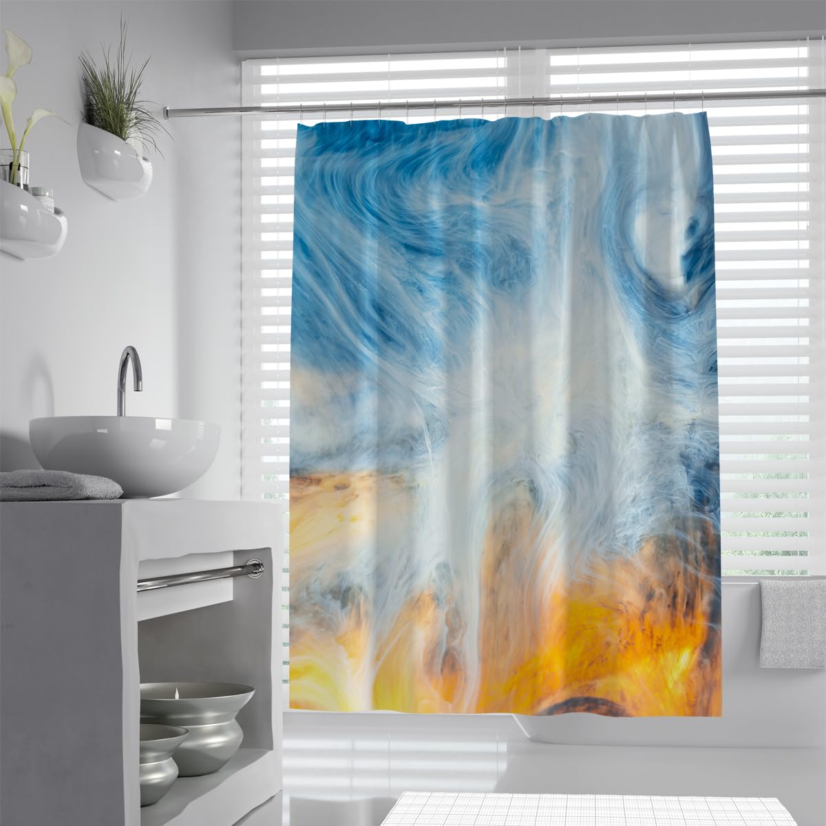 UIRINGART Modern Bathroom Bathtub Curtains W150xL200cm Blue Yellow Watercolor Fluid Swirl Pattern with Rustproof Grommets Home and Hotel Decorative Accessories