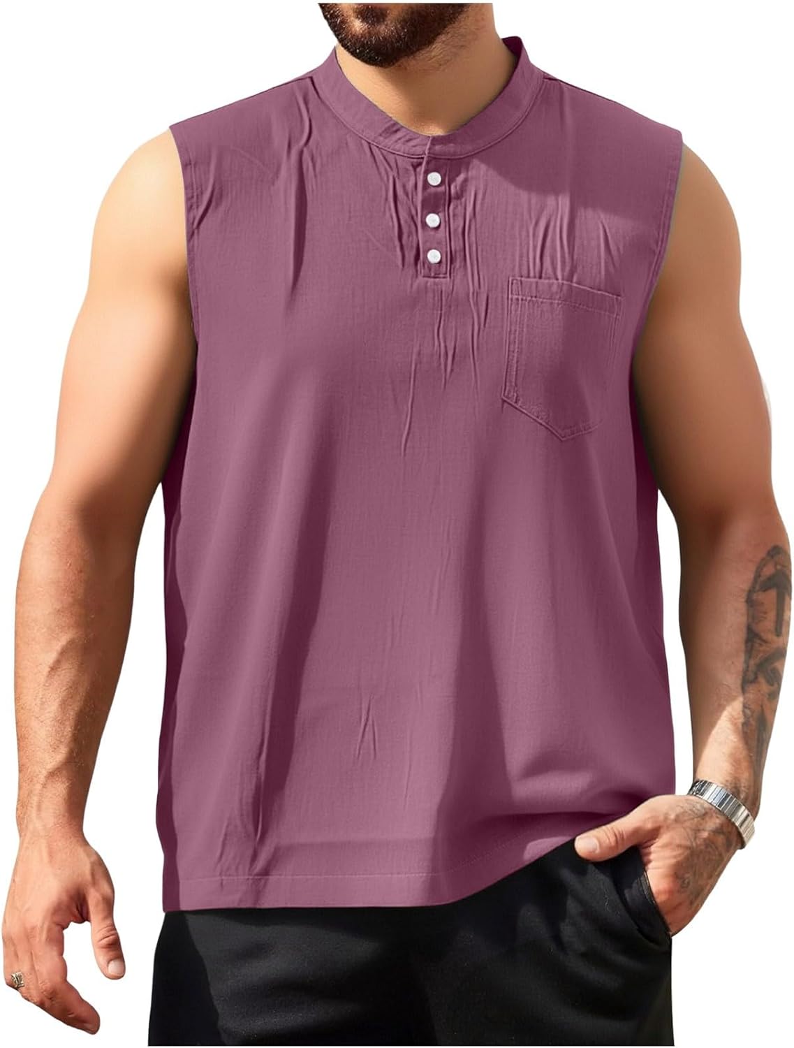 Linen Sleeveless Shirts for Men V Neck Button Down Tank Top Casual Loose Fit Breathable Summer Sports Shirts