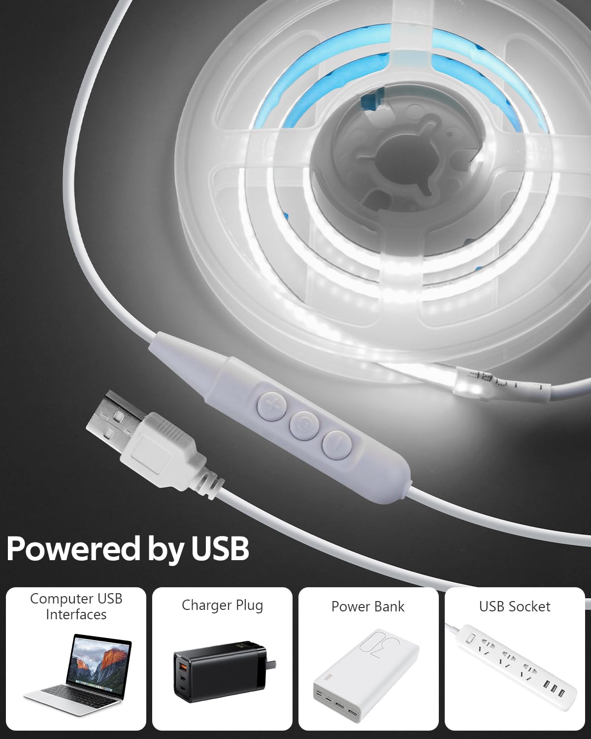 Aclorol 5V USB COB LED Strip Light Cool White 6000K Dimmable Short LED Strip Lights 0.5M CRI85+ Bright and Flexible LED Tape Lights for TV Backlight Wardrobe Stairs DIY Home Indoor Decoration 160LEDs - Image 2