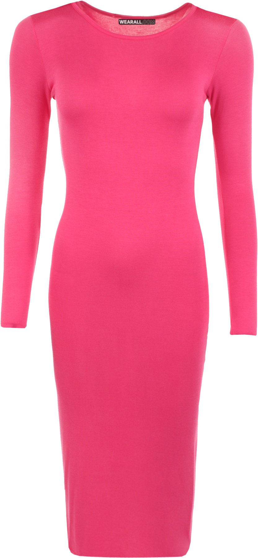 Wearall Women's Cerise Bodycon Stretch Plain Long Sleeve Round Neck Midi Dress - 8/10