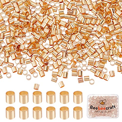 Beebeecraft 1 Box 1000Pcs 2mm/0.08in Crimp Tube Beads 18K Gold Plated Crimp Beads for Jewellery Making Spacers Cord End Caps for DIY Bracelets Making Accessories