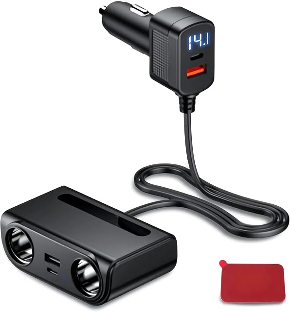 Adaptateur de chargeur de voiture, diviseur d'éclairage de cigarette, 120W USB Chargeur téléphonique QC 3.0 & PD avec double 2 Des chaussettes, 12V/24V Adaptateur d'éclairage de voiture Multi Plug Outlet avec LED Voltmètre, Charge rapide de véhicule pour iPhone