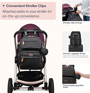 Diaper Bag Backpack by BabbleRoo - Travel Large Baby Diaper Bag with Changing Pad, Waterproof Baby Bag for Mom and Dad, with Pacifier Case, Luggage Strap with Stroller Clip, Black