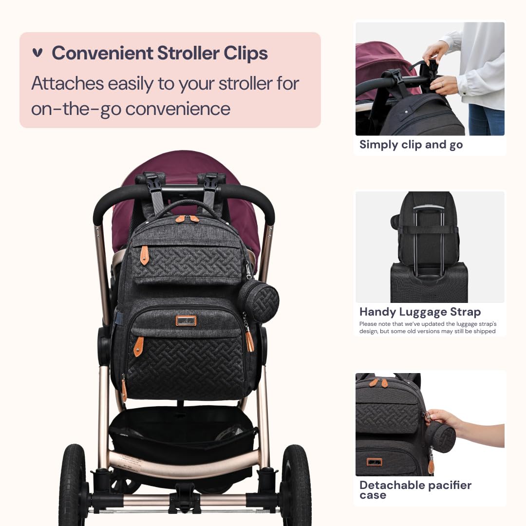 BabbleRoo Diaper Bag Backpack - Travel Large Baby Diaper Bag with Changing pad, Waterproof Baby Bags for Mom & Dad, Unisex Bags with Pacifier Case, Luggage Strap & Stroller Clips– Black