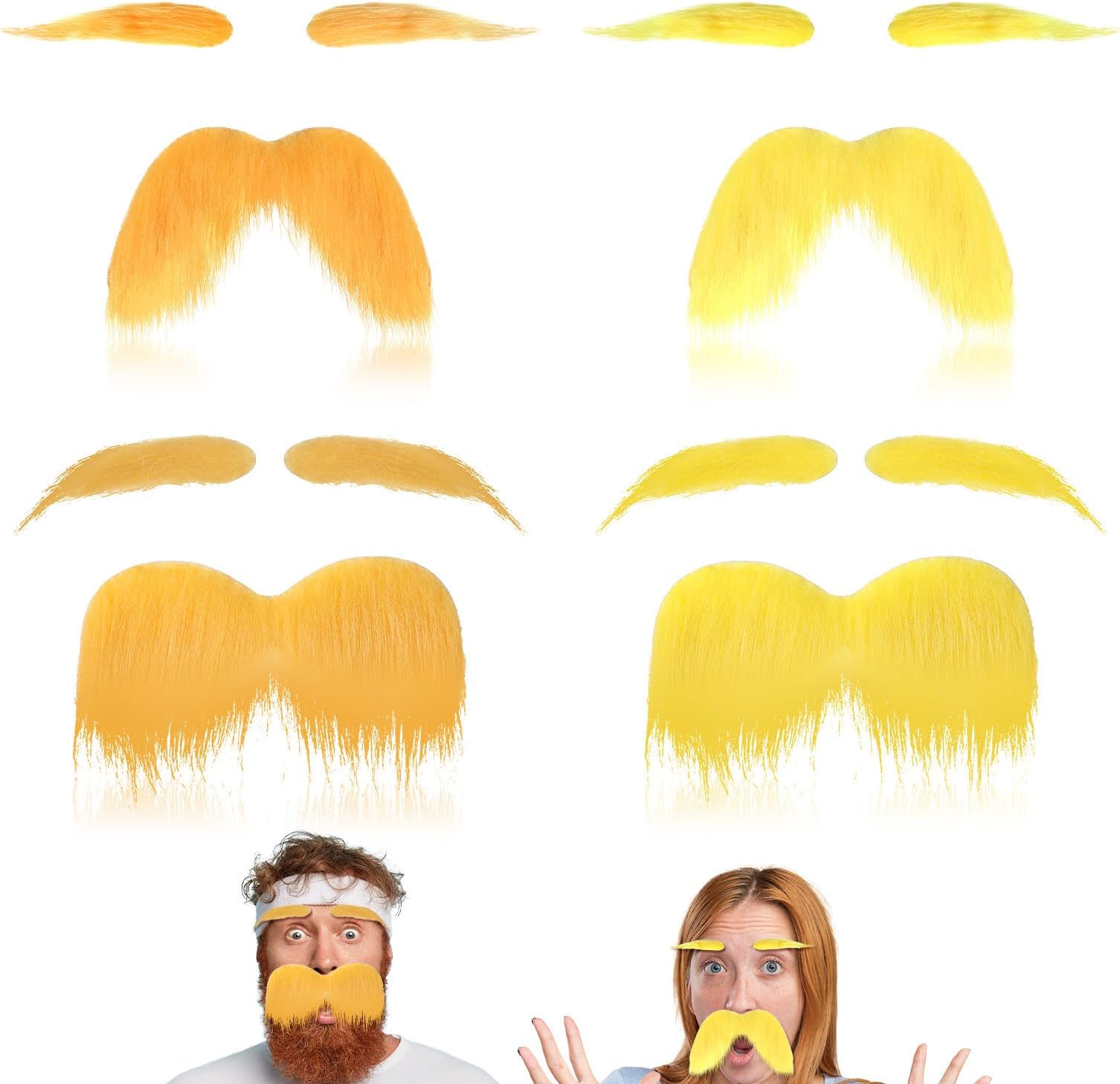 4 Set Yellow Moustache and Eyebrows, Self Adhesive Fake Beard and Eyebrows Stick on Mustache for Adults Halloween Cosplay Costume Party Favors