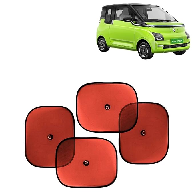 KINGSWAY Car Window Curtain Sticky Sun Shades Compatible with Morris Garages (MG) Comet EV, (Year 2023 Onwards), Universal Fit Sunshades for Side Window, Rear Window, Red Color, 4 Pieces