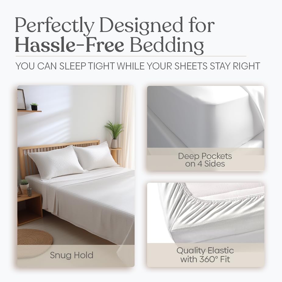 Miniatura 5 de Haus and Kinder - Juego de sábanas de algodón de 400 hilos con tejido satinado, juego de 4 piezas con bolsillo profundo de 15 pulgadas (blanco