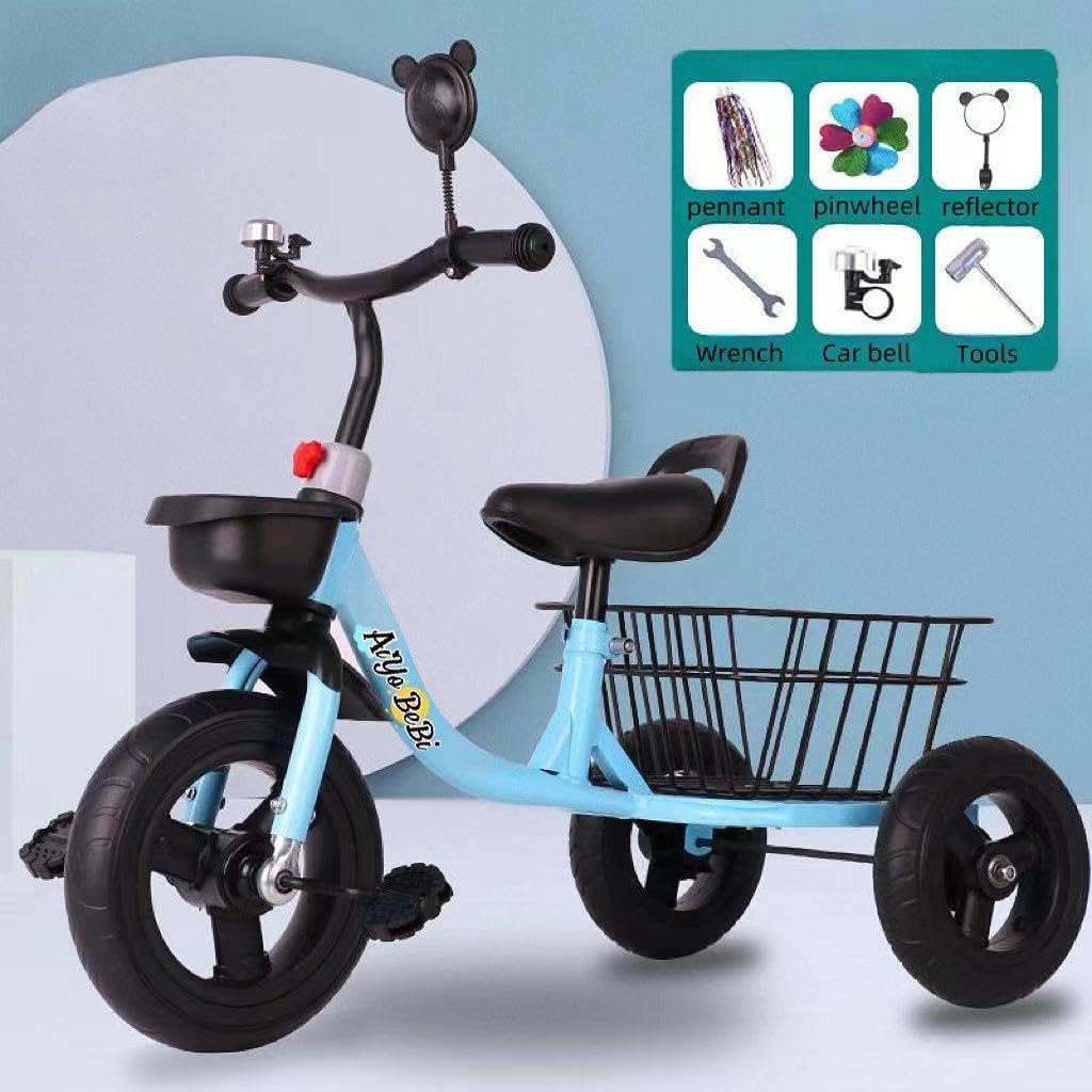 Children's Tricycle, Anti Roll Over Pedal Bike with Rear Bucket Basket 2-6 Years Old Stroller, Baby Toy Car, Trikes Toddlers, for Girl and Boy-Plastic Basket. (Blue)
