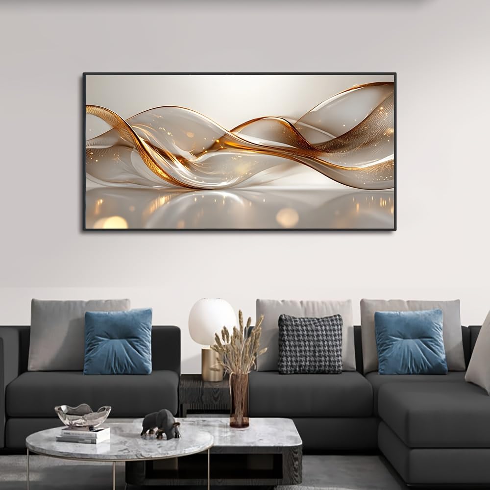 UUDEZO Duży, oprawiony, nowoczesny, abstrakcyjny obraz na płótnie ze złotymi akcentami, współczesny do dekoracji salonu (75 x 150 cm, czarna rama)