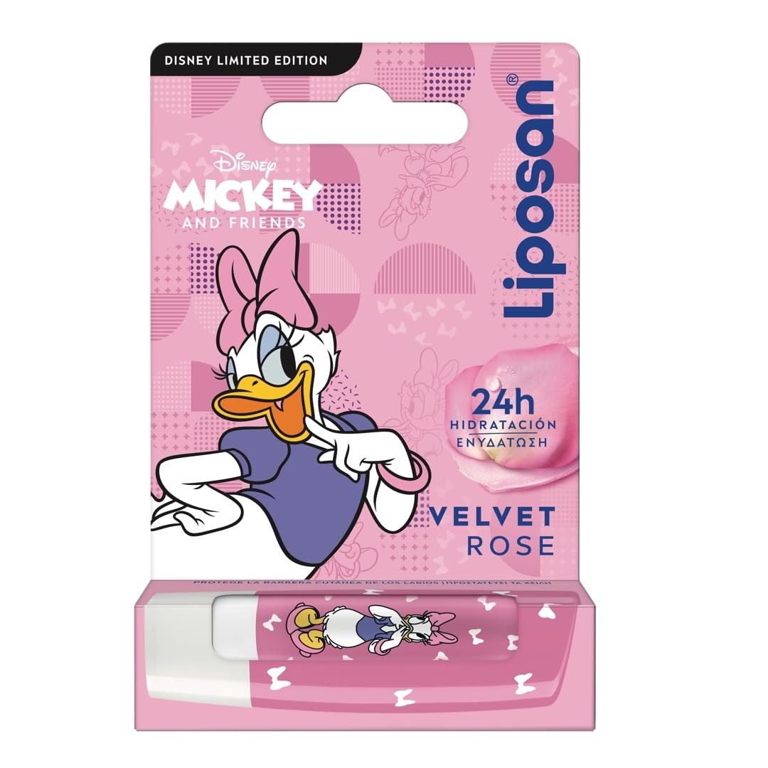 Liposan Velvet Rose Daisy Duck Disney Limited Edition (1x 4,8 g), bálsamo labial para niños con 24 h de hidratación, bálsamo labial reparador para unos labios suaves