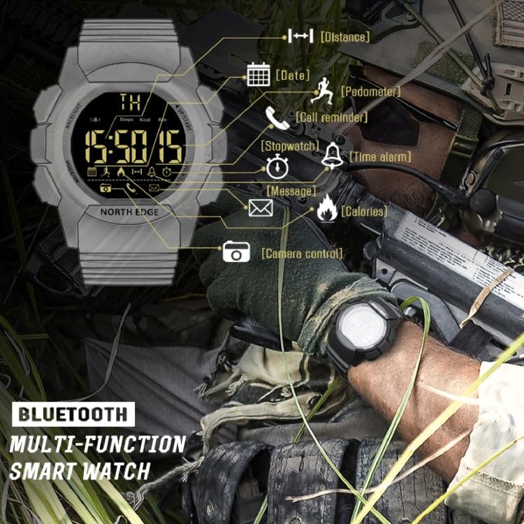 North Edge AK Smart Watch displaying various smart functions like pedometer, stopwatch, call reminder, and message notification