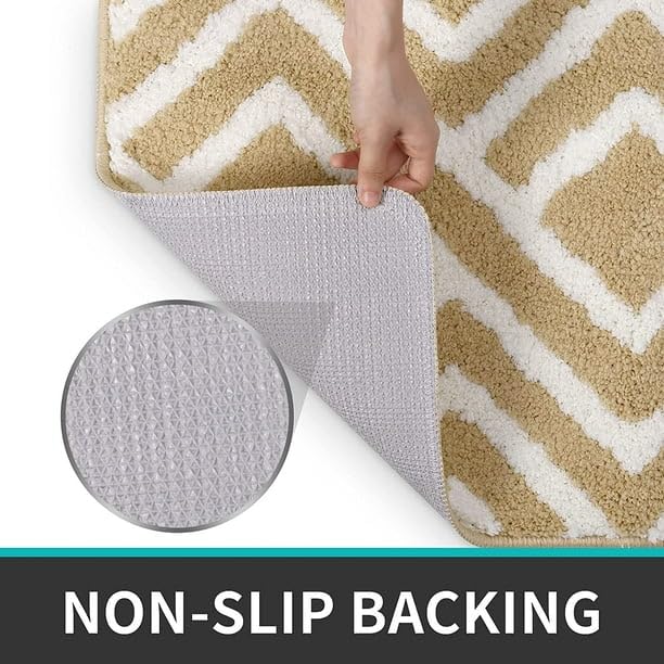 Image of Microfiber Shaggy Striped Design Bath Mat | Non Slip TPR Backing Absorbent Plush Door Floor Rug for Shower Bathroom Kitchen Living Room Home Decor (40x60 cm, Beige and White)