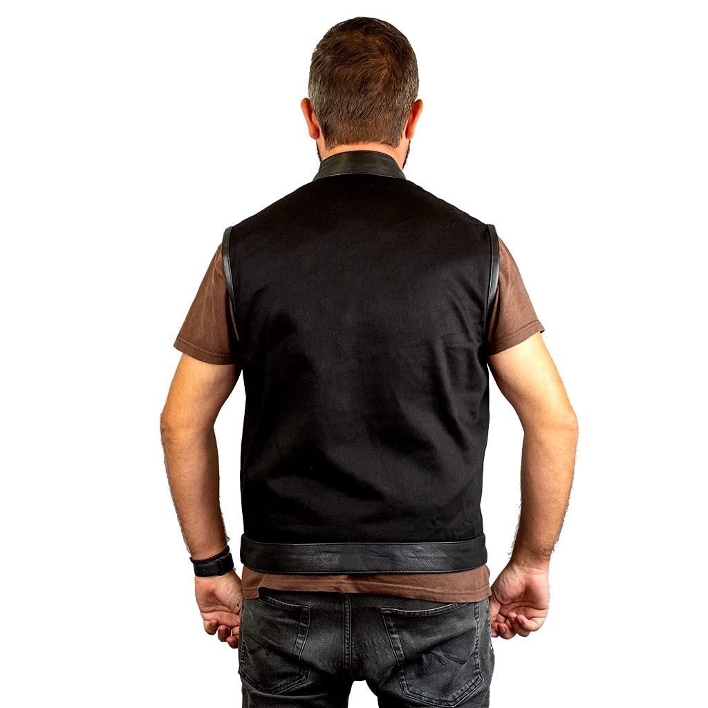 Chaleco motero vaquero negro con detalles en cuero modelo SOA de IGUANA CUSTOM COLLECTION estilo biker custom para poner parches de clubs o freebikers