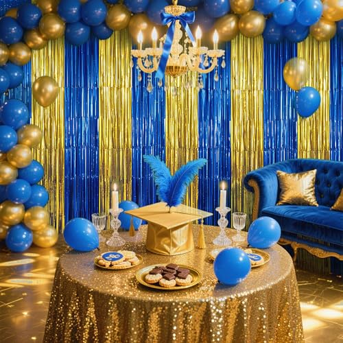 Image of TONIFUL Blue and Gold Fringe Backdrop Curtain 2026 Graduation Party 2Pcs 3.3 x 6.6ft Metallic Tinsel Foil Fringe Photo Booth Backdrop Door Streamers for 2026 Prom Birthday Retirement Party Decorations