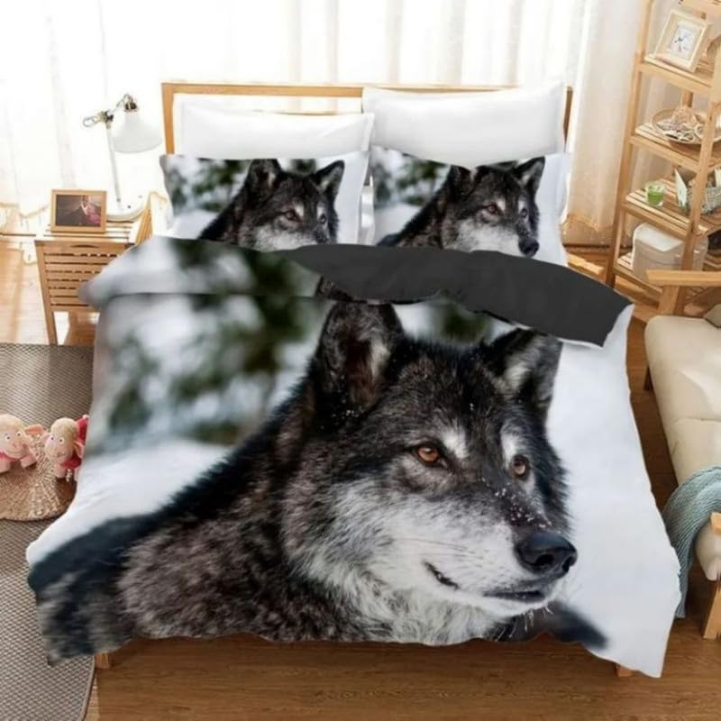 Housse de Couette 220x240 Loup Blanc avec 2 taies d'oreiller pour lit double adulte
