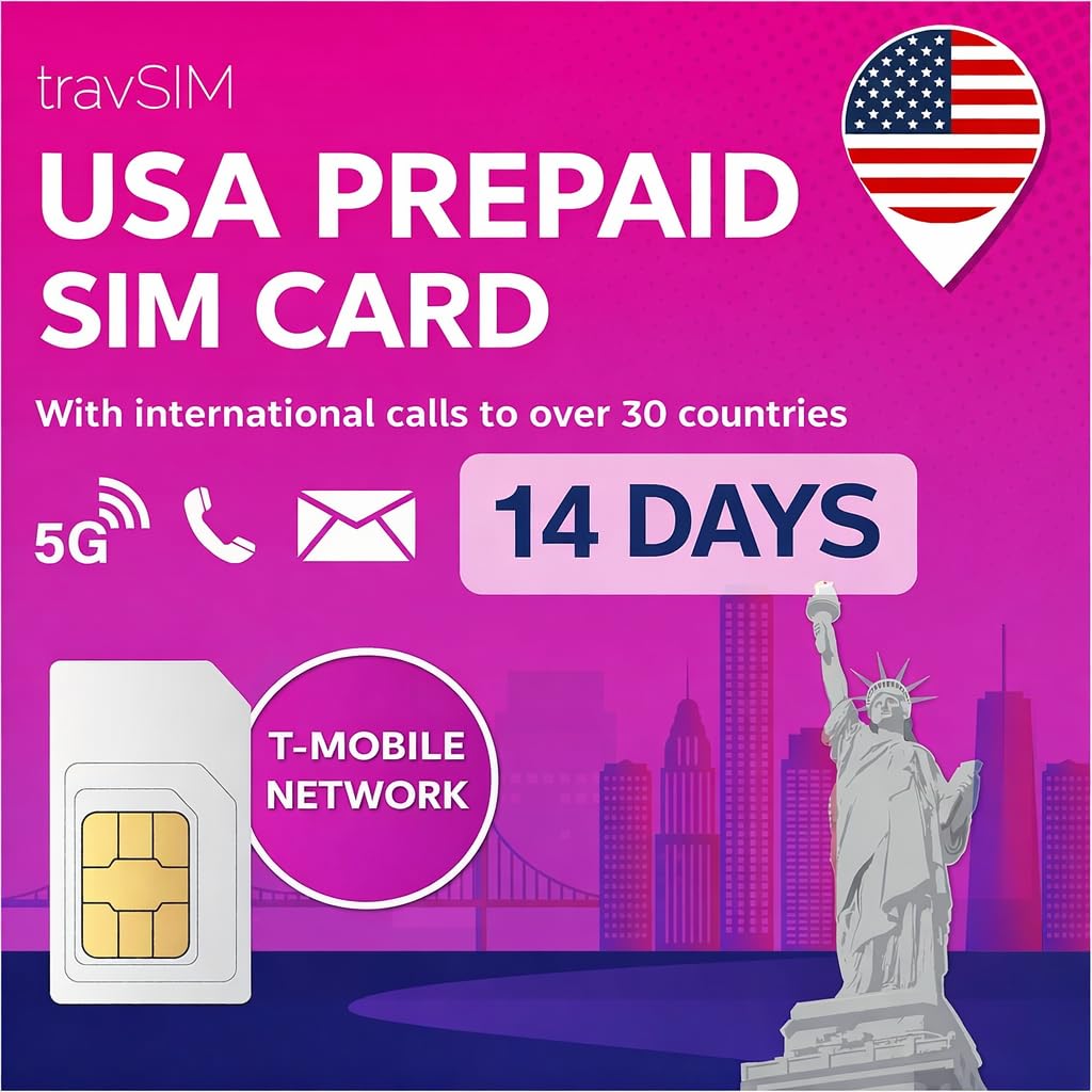 travSIM Scheda SIM USA | T-Mobile | dati da 50 GB, chiamate nazionali illimitate e SMS | La scheda SIM per gli Stati Uniti offre chiamate illimitate a 30 paesi | Valida per 14 giorni