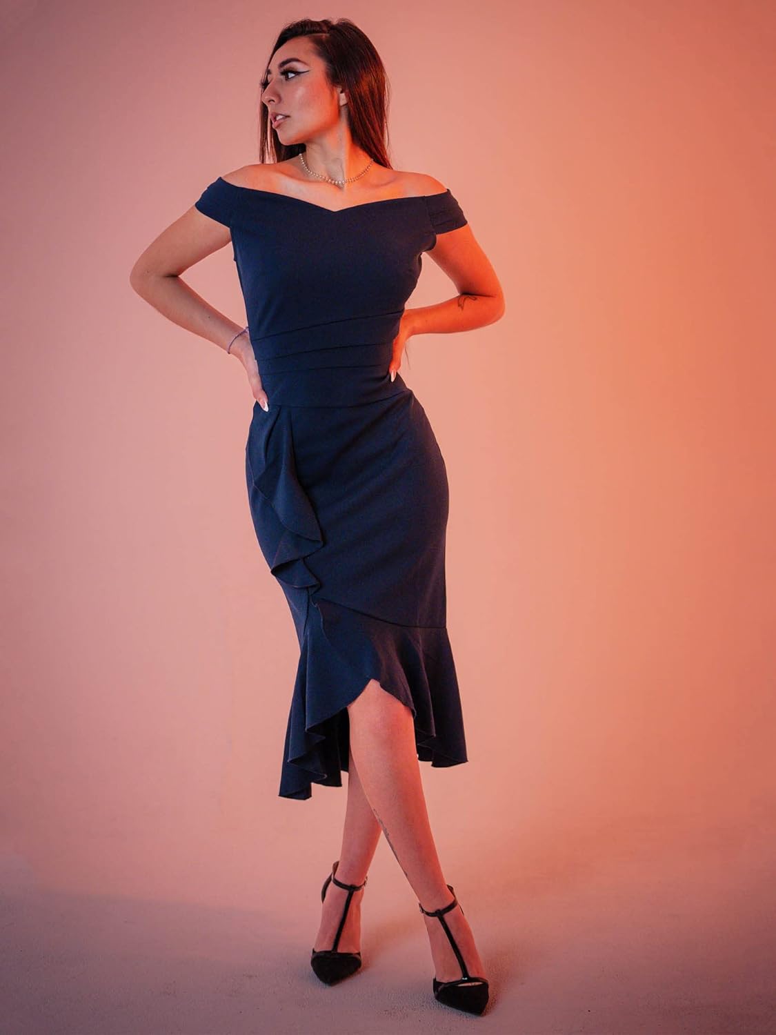 Knitee Women's Off Shoulder V-Neck Ruffle Pleat Waist Bodycon Evening Cocktail Slit Formal Dress - Image 3