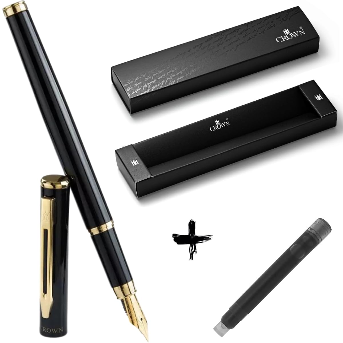 Kit Caneta Crown Capricci Tinteiro Ponta de Pena Iridium Alemã + Case Exclusiva Crown + Refil Extra Preto (Preto) - Preto