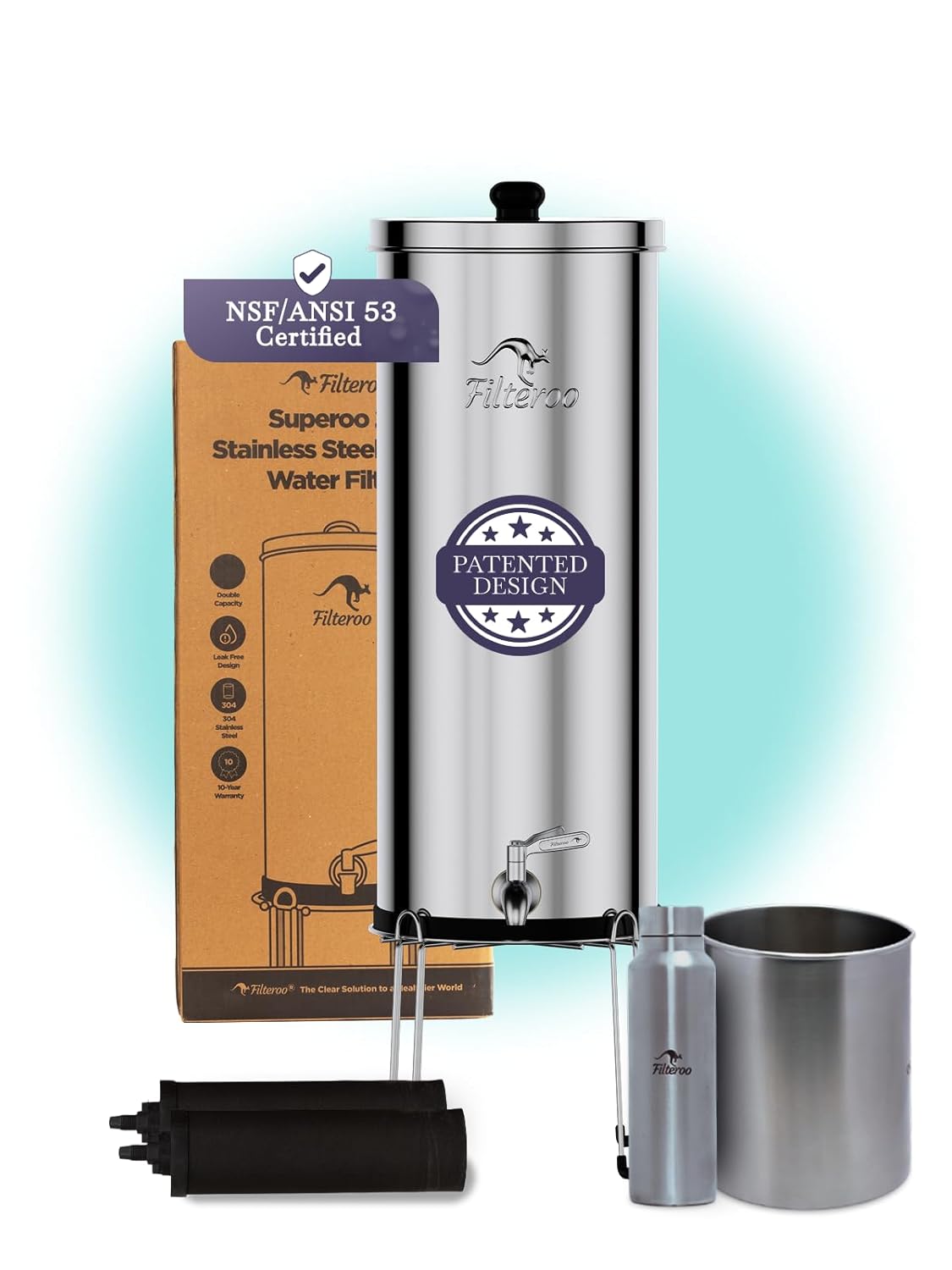 Filteroo® Superoo Countertop Gravity Water Filter System – 3.17 Gal/12L | 304 Stainless Steel | 2 Carbon Filters | NSF/ANSI Tested Gravity-Fed Water Purifier | Remove Bacterias & Heavy Metals