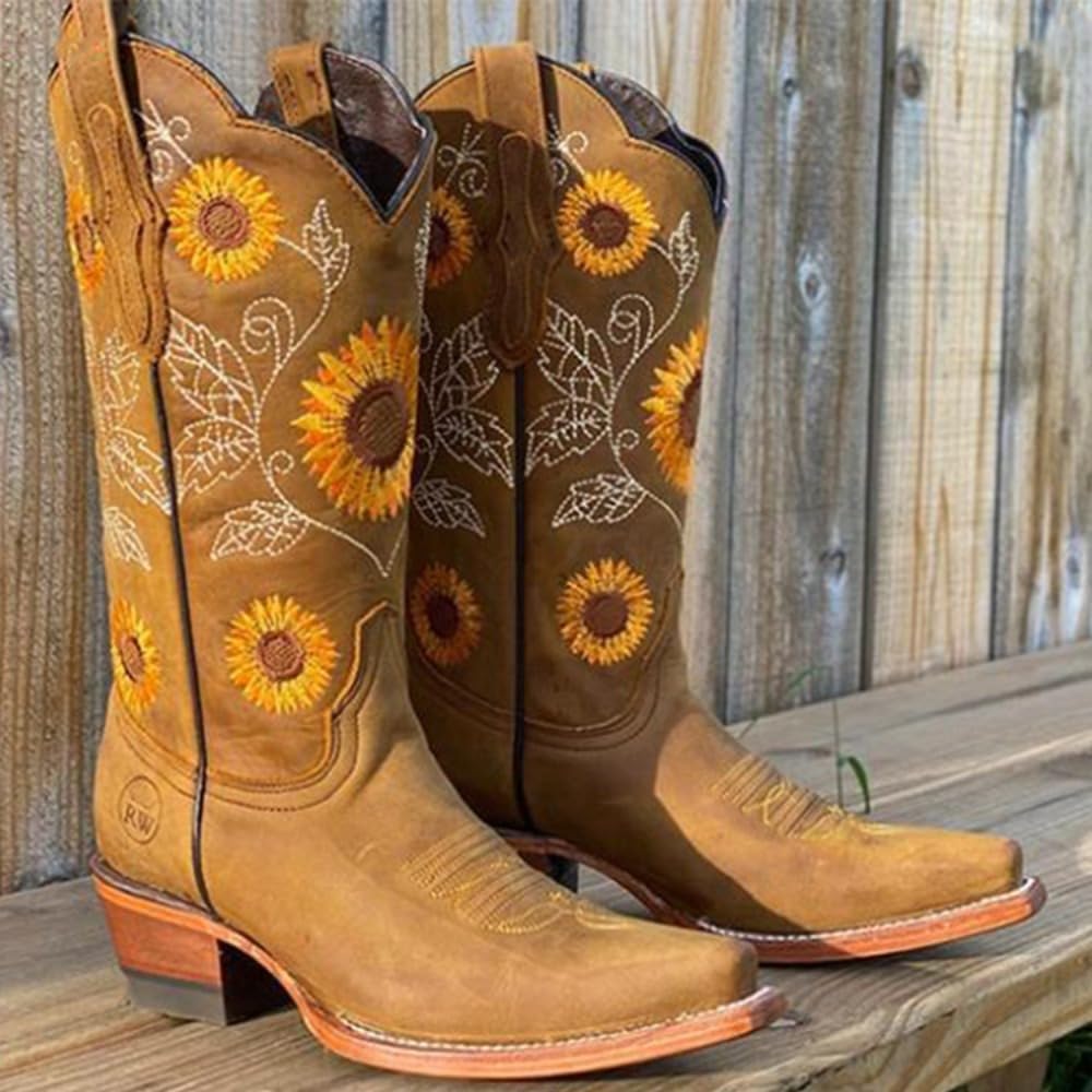 Cowboy Boots for Women - Embroidery Sunflower Mid Calf Cowgirl Pull-On Pointy Toe Lightweight Breathable Leather Retro Comfort Wear Non Slip Heel with Arch Support
