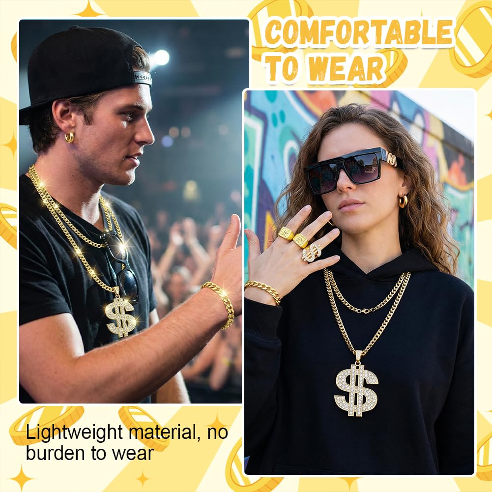 Costume de hip-hop, accessoires de déguisement de rappeur des années 90 avec faux signe de dollar doré disco, collier, bracelet, bagues, boucles d'oreilles, lunettes de soleil et boîte radio gonflable