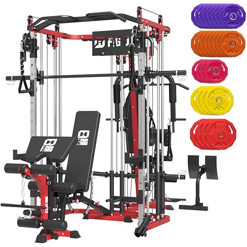 All in One Home Gym System Workout Station, Multi-Function Smithe Machine Power Cage with Cable Crossover System, Tripe-Sided Independent Load Posts, Functional Trainer for Full Body Training