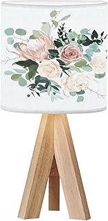 Tripod Bedside Desk Table Lamp Silver sage Blush Pink Flowers Design Bouquet Beige Protea Creamy Wood Nightstand Lamp with Linen Fabric Shade for Nursery Bedroom Living Room Kids Room