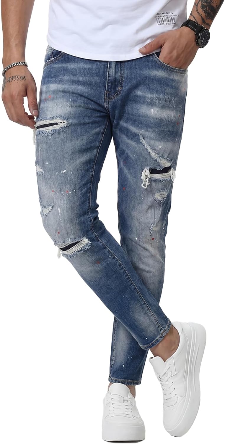 Men's Slim Fit Stretch Jeans Ripped Skinny Jeans for Men, Casual Straight Leg Streetwear Comfort Male Pants