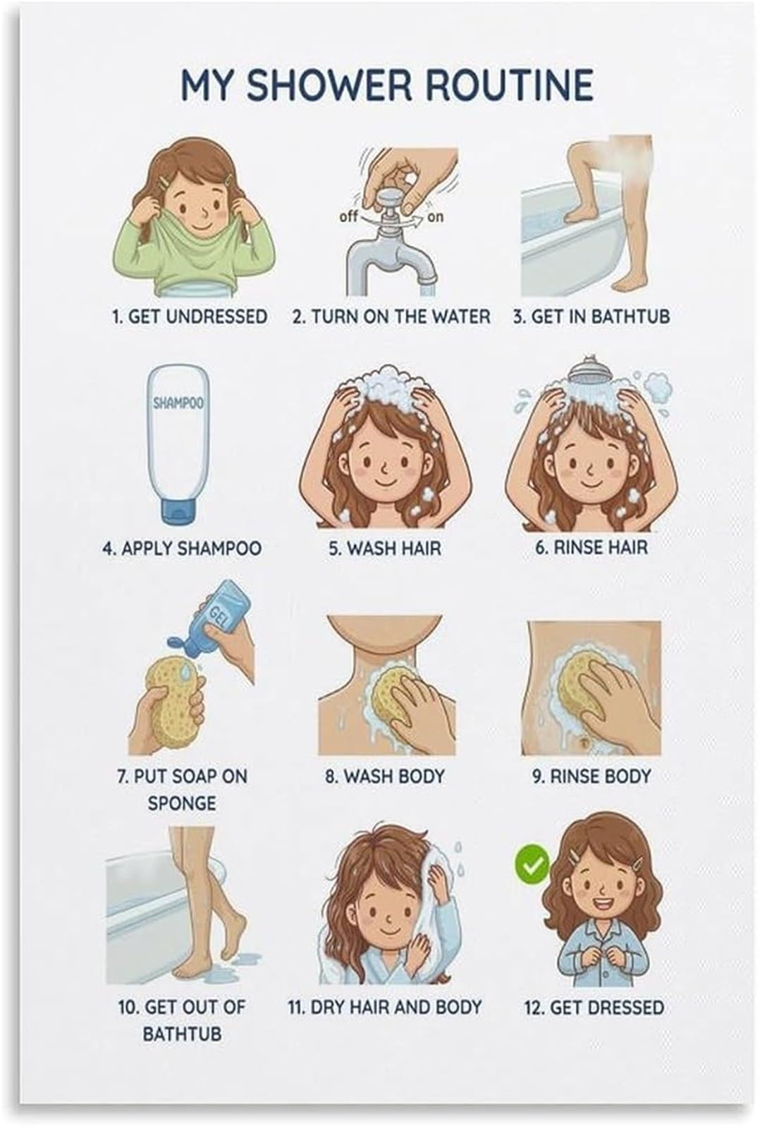 PKNVKZIDK Shower Routine Visual Schedule Canvas Print Autism Chart ASD Self Help Decor