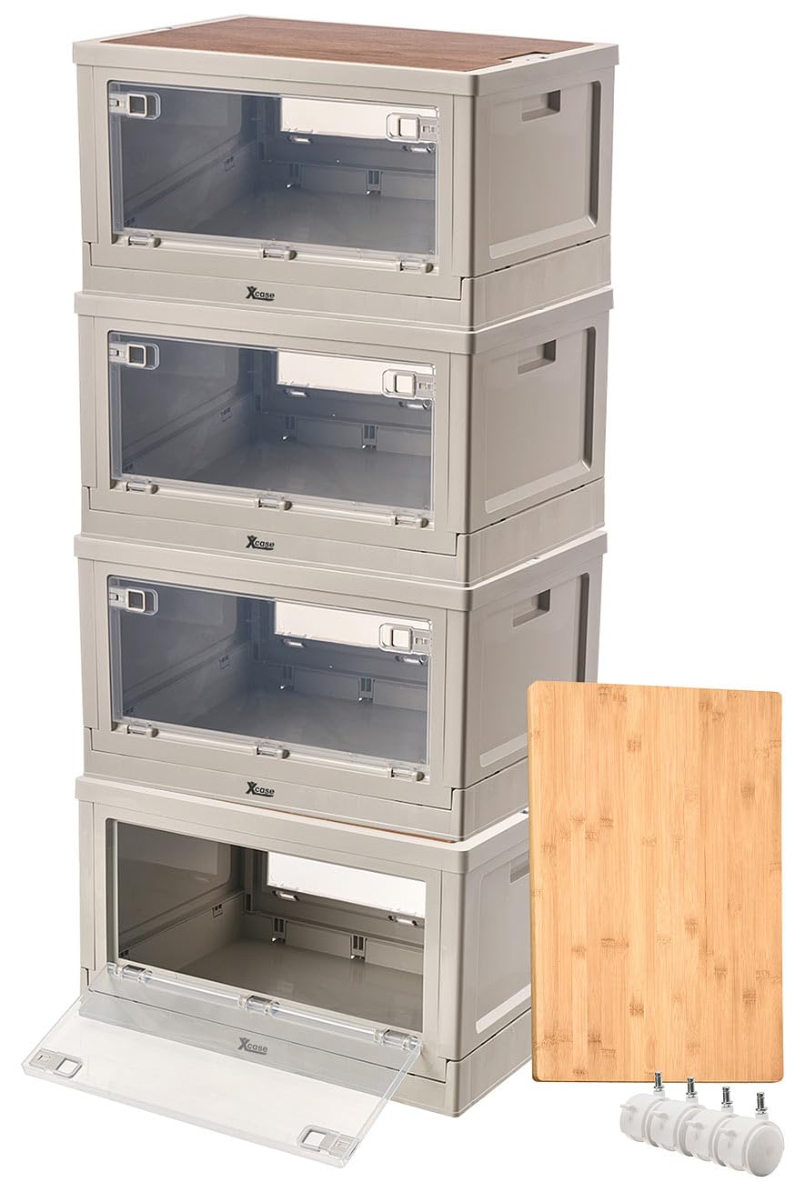 Xcase Klappboxen: 4er-Set Camping-Aufbewahrungsboxen, falt- & stapelbar, MDF-Ablage, 55l (Camping Box mit Klappe, Boxen mit Sichtfenster, Schuhe)