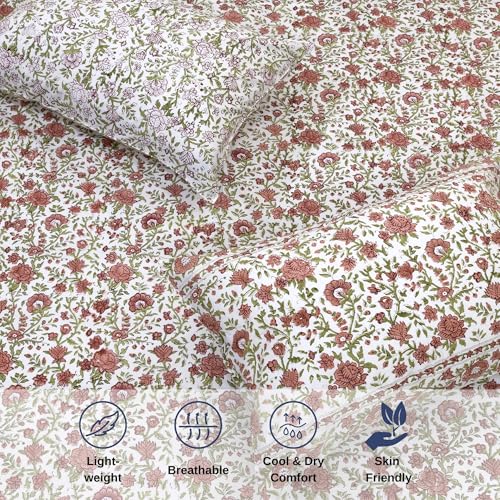 Image of TOAI Hand Block Printed Bedsheet | Bed Spread Flatsheet Bed Sheet | Pure Cotton | Double Bed King Size 108 inchx108 inch | 300 TC Long Staple Cotton | 2 Reversible Pillow Covers |Rust Floral Spread