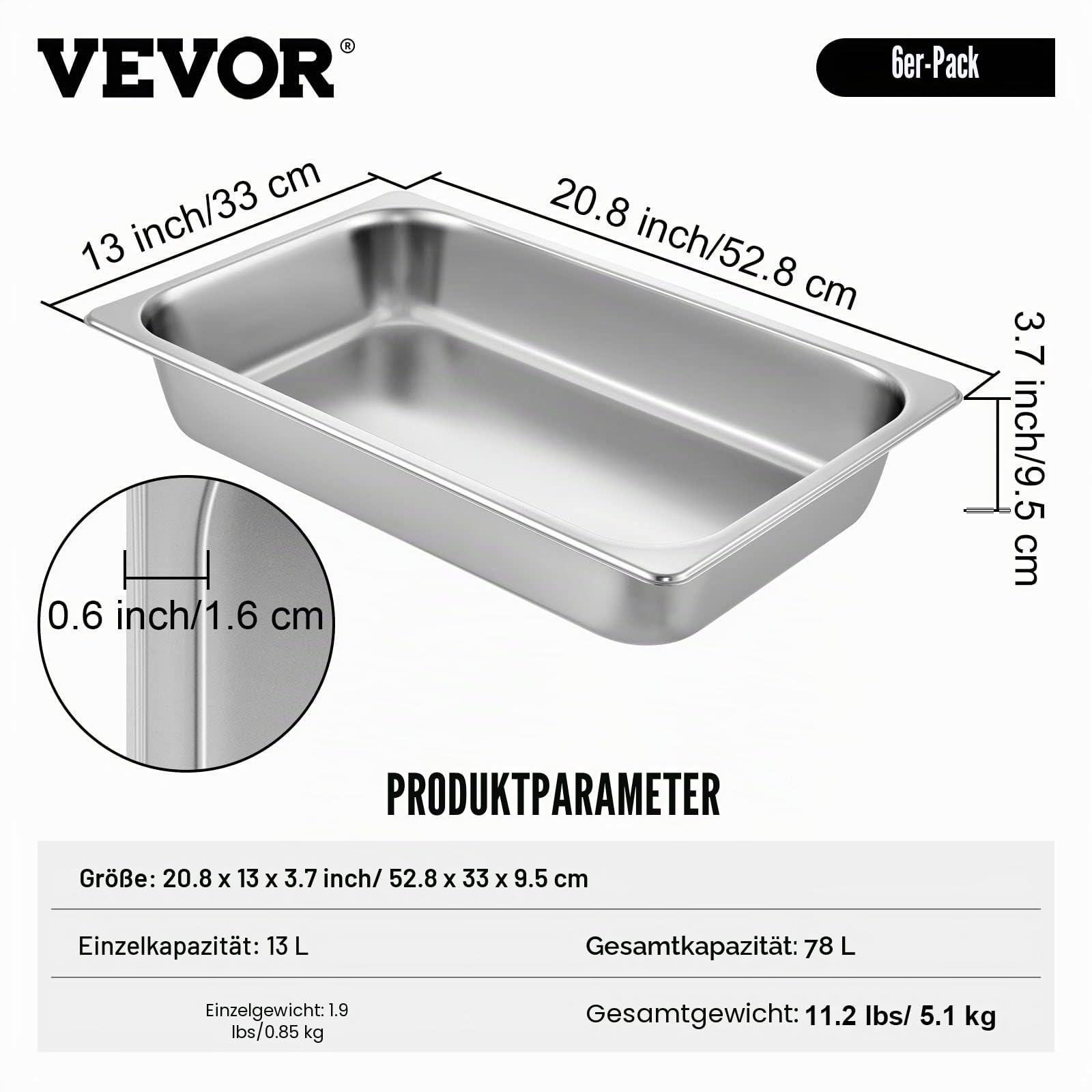 Mophorn GN 1/1 Gastronormbehälter, Edelstahl Behälter 6 Stück, 528 x 330 x 95 mm Speisebehälter, Antihaft Teller, kommerzieller Warmhaltebehälter für Speisen, Torten, Hotelpfanne Tisch Food Pan