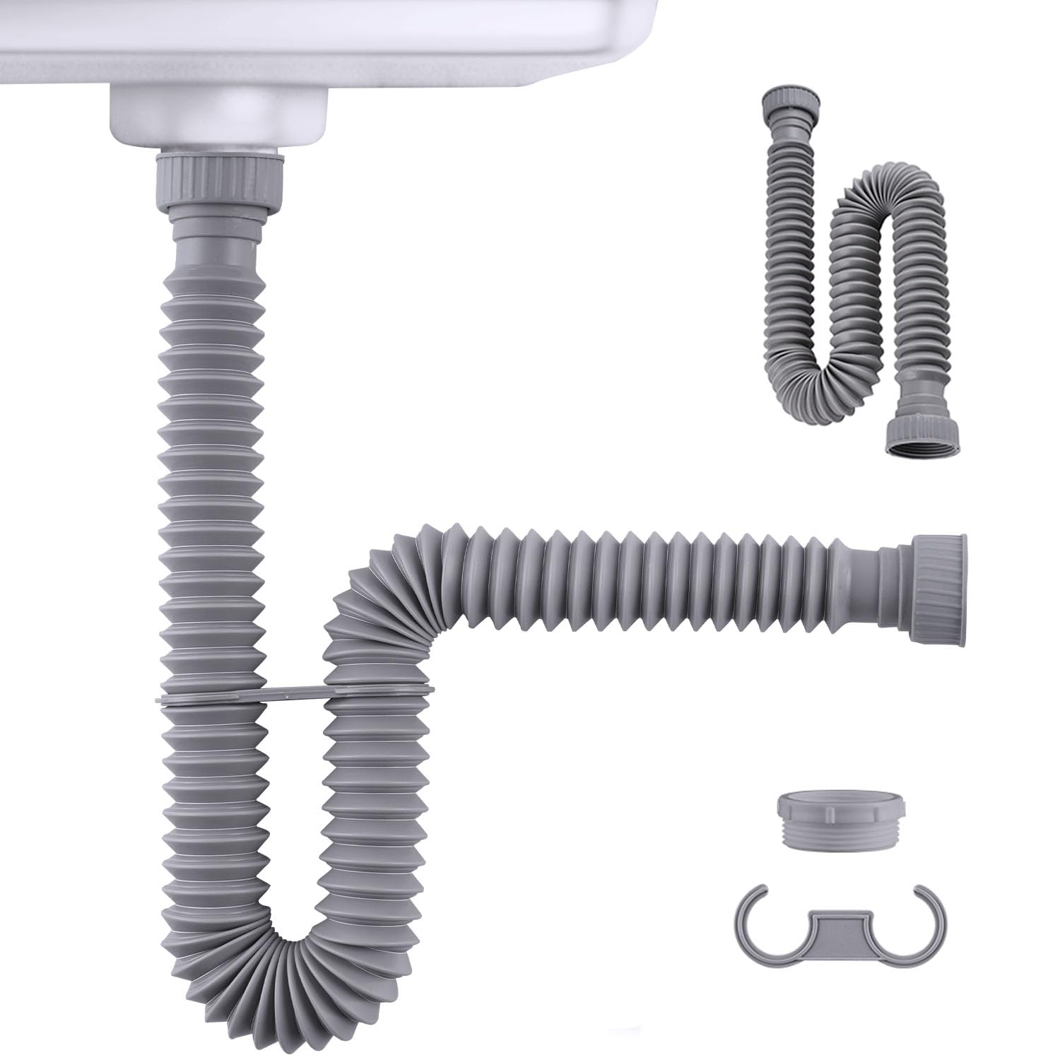 iFealClear P-Trap Sink Drain Pipe with 4 Rubber Sealing Rings, Flexible Drain Pipes 11"-34.5" P Trap Tube Fits 1-1/2", 1-1/4" Holes for Kitchen, Bathroom, Garbage Disposal, Expandable, Gray