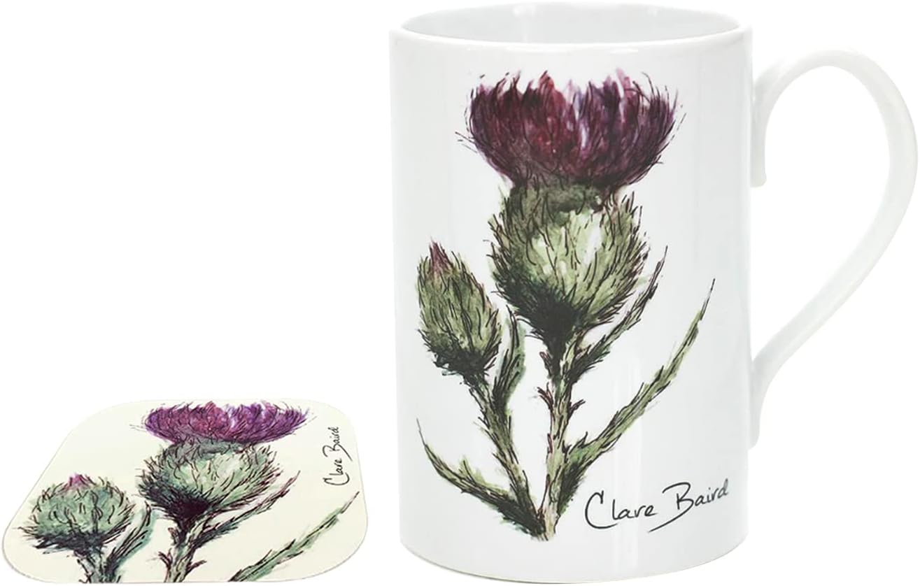 Set of 2 Cup and Coaster Thistle Porcelain Mugs Housewarming Gift Kitchenware (Thistle)