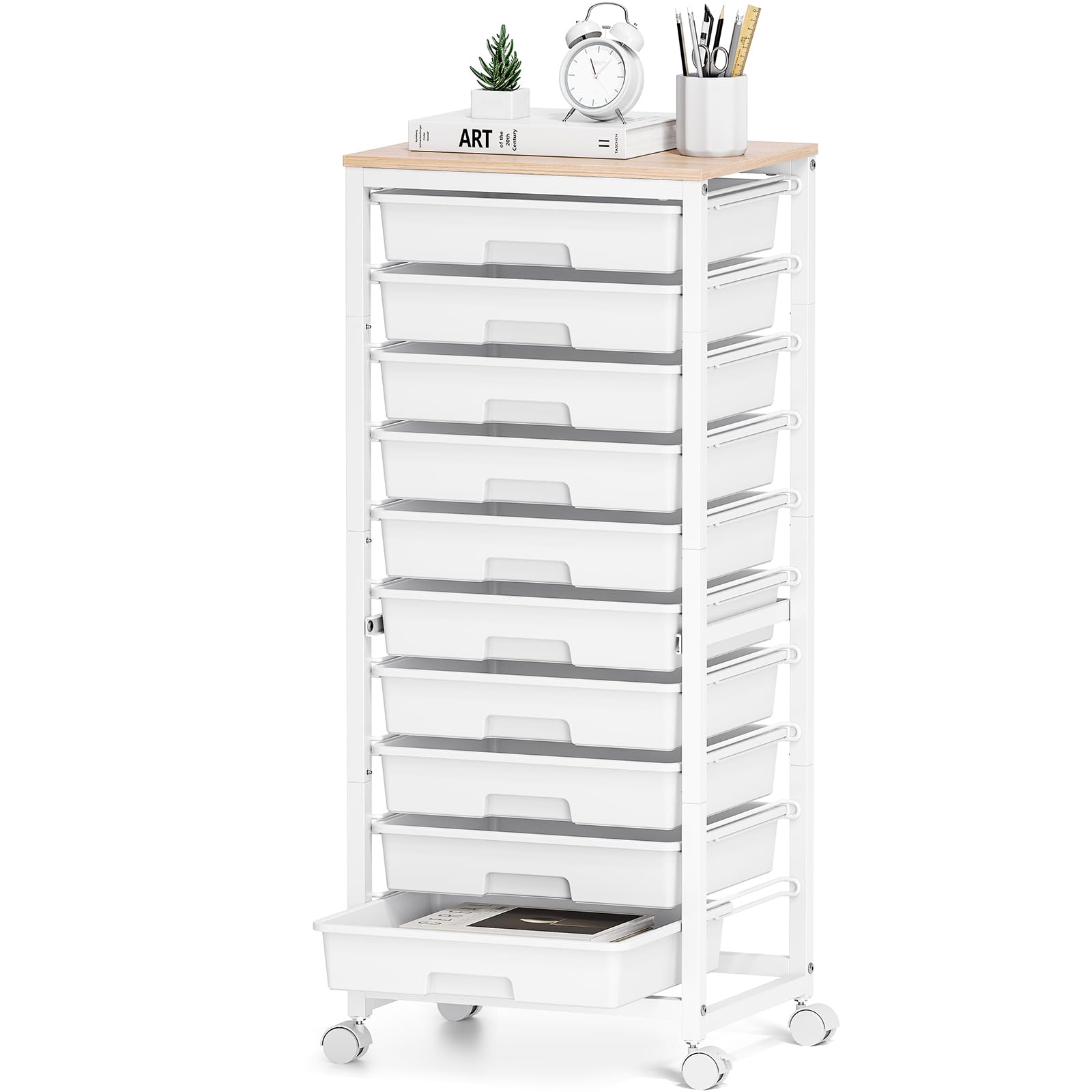 Rolling Cart with Drawers,10 Drawer Rolling Cart,Storage Cart with Wheels,Utility Cart with Drawers,Teacher Cart for Classroom Storage,Craft Cart with Wheels and Wooden Tabletop,White