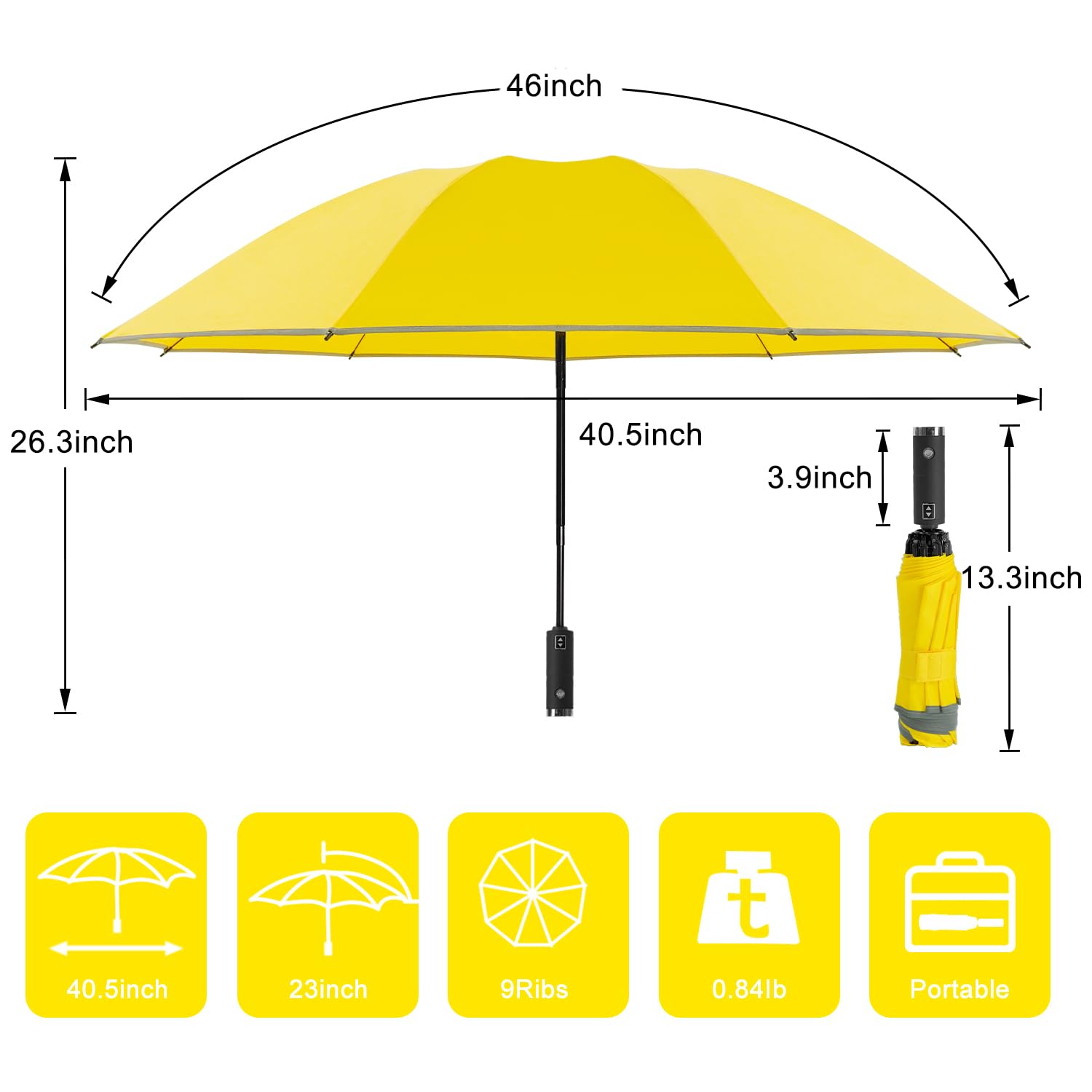 Lejorain Paraguas plegable automático invertido – Paraguas amarillo resistente al viento LED linterna mango con tira reflectante