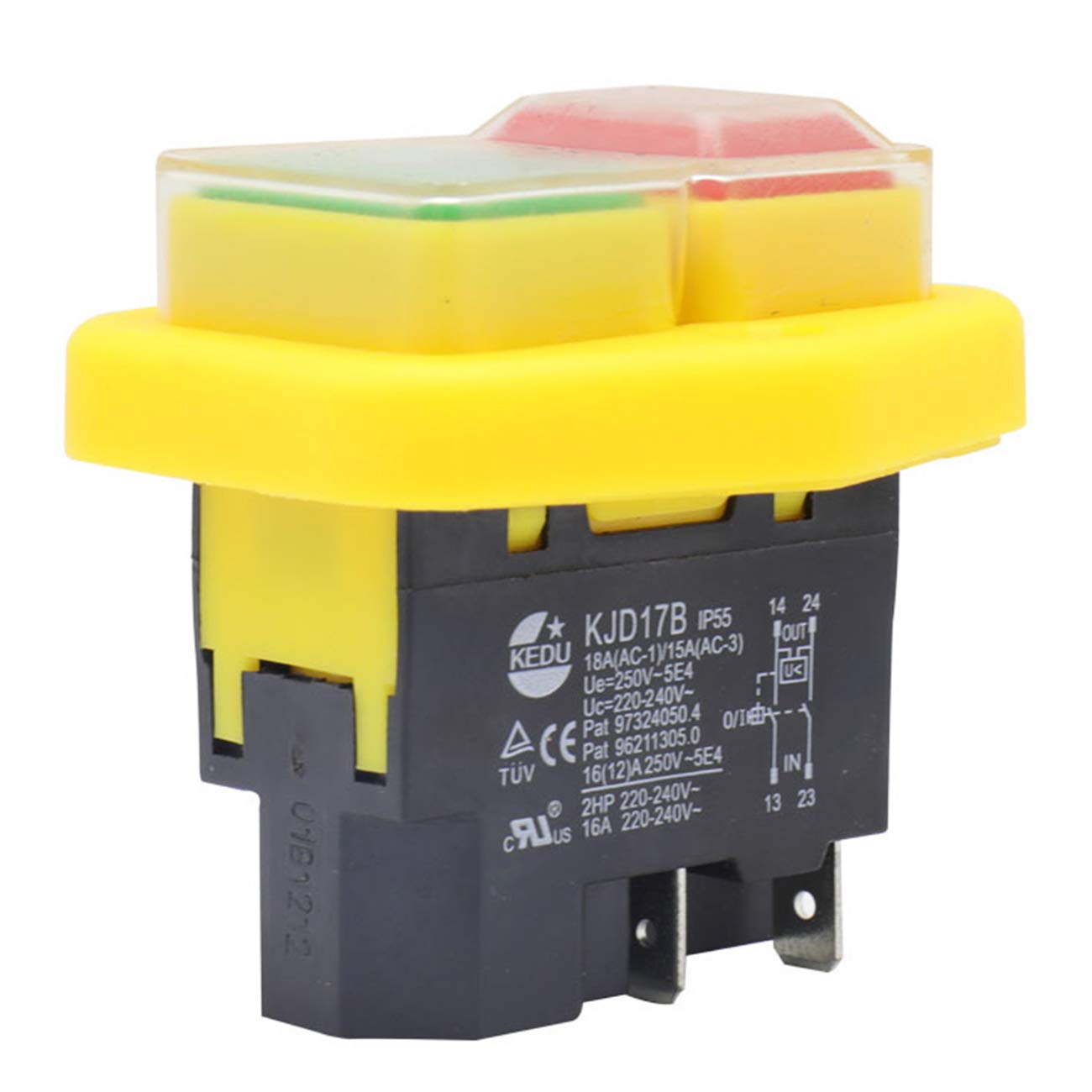 Electromagnetic Push Button Switches KEDU 220-240V KJD17B Waterproof Pushbutton Switch 4Pin for Electric Power Tools, Yellow