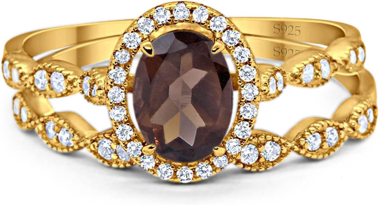 OMRANII Two Piece Art Deco Oval Natural Chocolate Smoky Quartz Vintage Style Halo CZ Wedding Set Engagement Bridal Rings For Women 925 Sterling Silver Gifts For Her