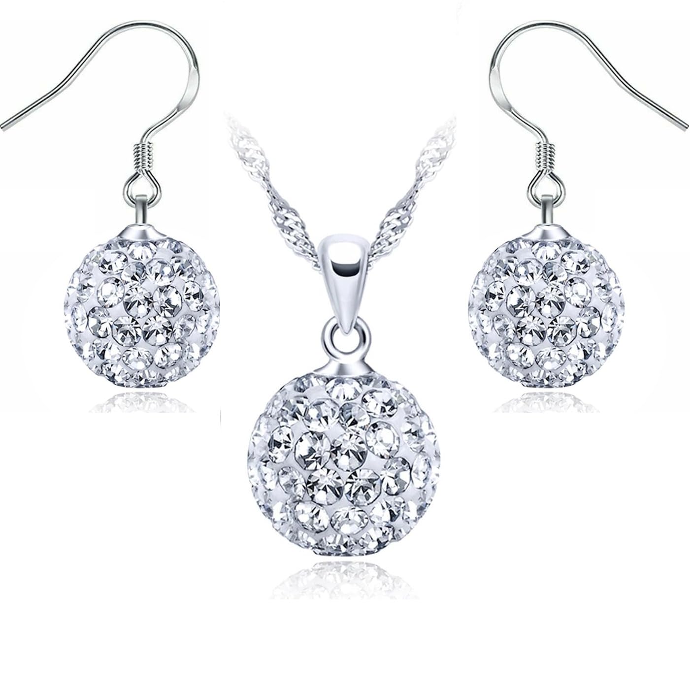 Crystalline Azuria 925 Plata de Ley Cristales Disco Bola Blanco Juego de joyas Collar Pendientes para Mujer y Niña