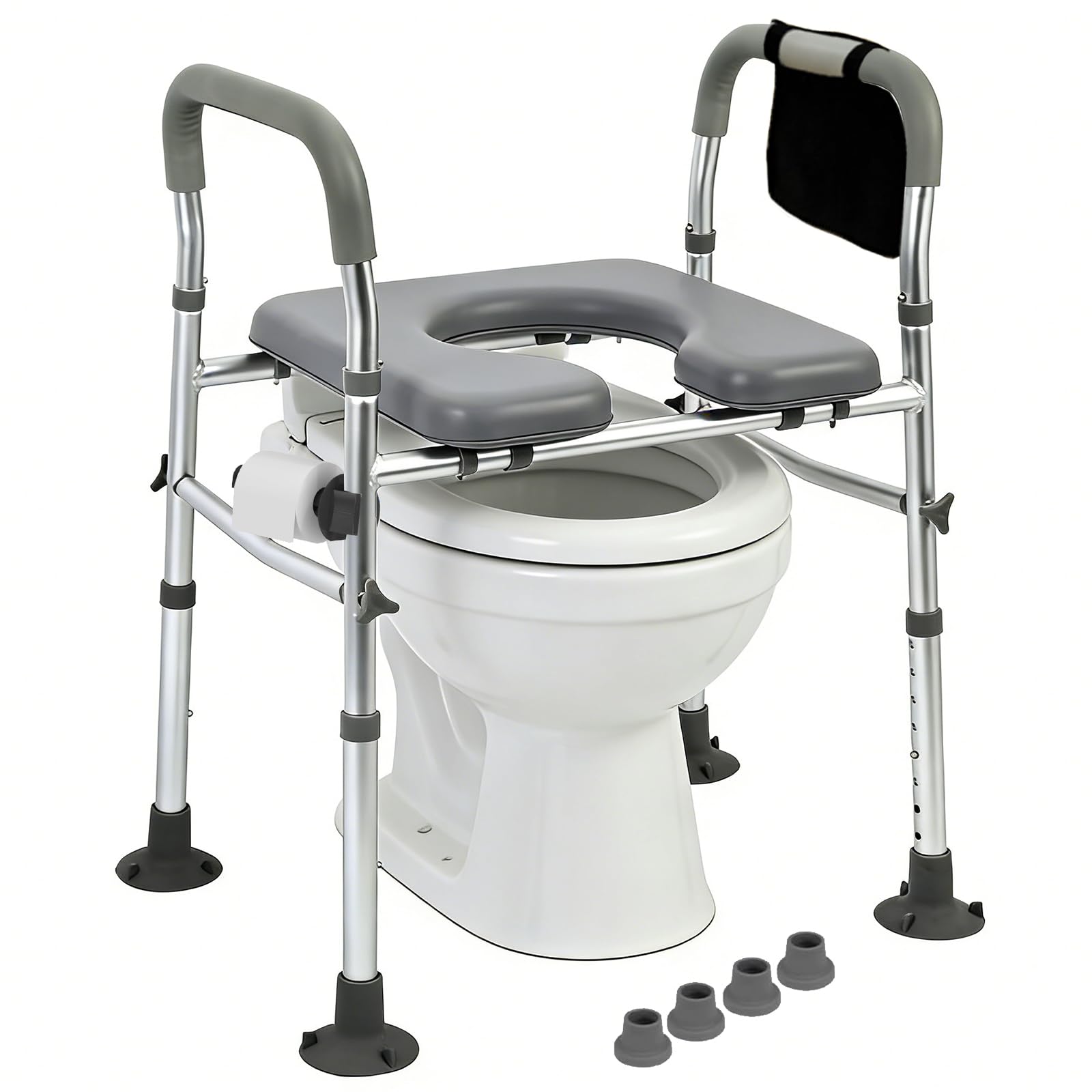 Asiento elevado para inodoro con asas, altura regulable en 8 posiciones, 68 – 85 cm, con soporte para pañuelos, bolsa de almacenamiento de 150 kg para cualquier inodoro, personas mayores