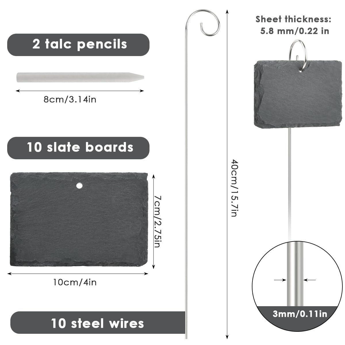 10er Set Schiefer Pflanzenschilder,10 x 7cm Pflanzenschilder zum Beschriften Schiefer,Witterungsbeständig, Wiederverwendbar,Garten Schiefertafel Schilder mit Metallstab und Kreide