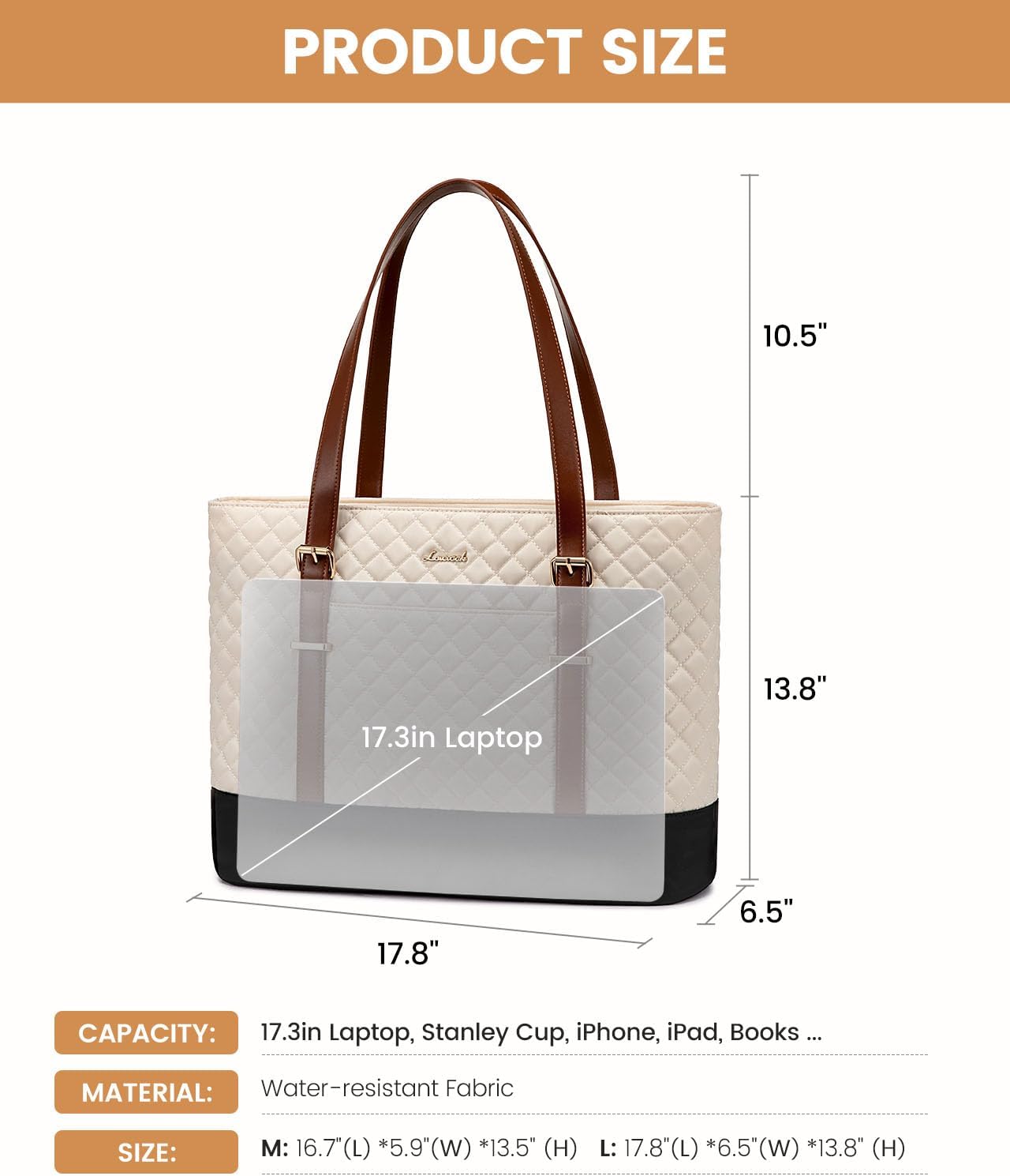 LOVEVOOK Laptop Bag for Women, Work Tote Computer Bag With Large Cup Holder, Lightweight Large Laptop Briefcase, Beige-Brown-Black, 17.3 Inch