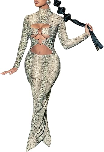 sedmoda Women Sexy Long Sleeve Bodycon Maxi Dress Snake Print Hollow Out Party Cocktail Long Dresses