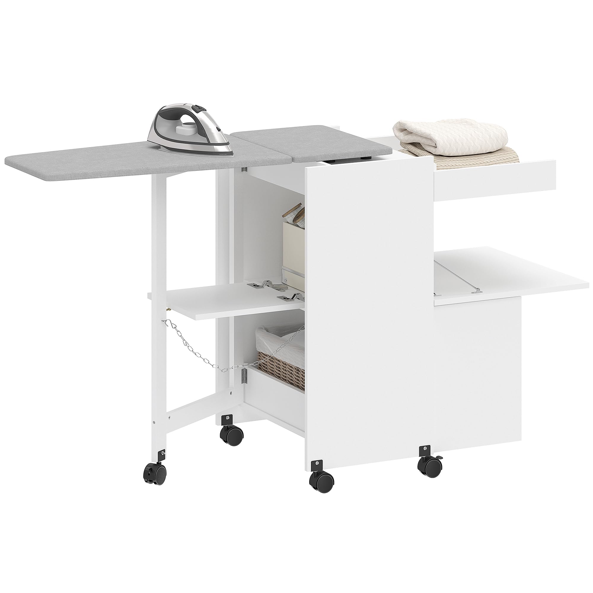 HOMCOM Mobile Asse da Stiro Pieghevole con Ruote e Portaferro da Stiro, Mobile da Stiro Multiuso con Ripiani, Vano Aperto, per Lavanderia, Bagno, 154x55x87 cm, Bianco
