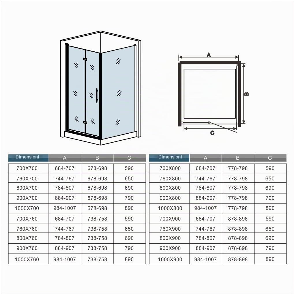 Box Doccia Angolare Pieghevole A Libro Fissato Barra a Vetro 80x70x195cm | Anticalcare, Vetro Temperato, Pieghevoleto, Barra Stabilizzatrice