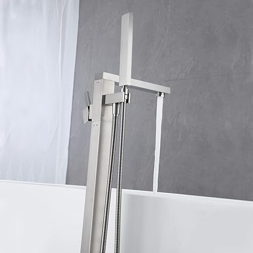 Miniatura 11 de Grifo de bañera independiente, relleno de bañera de oro cepillado, montaje en piso, grifos de baño de latón con una sola manija con ducha de mano